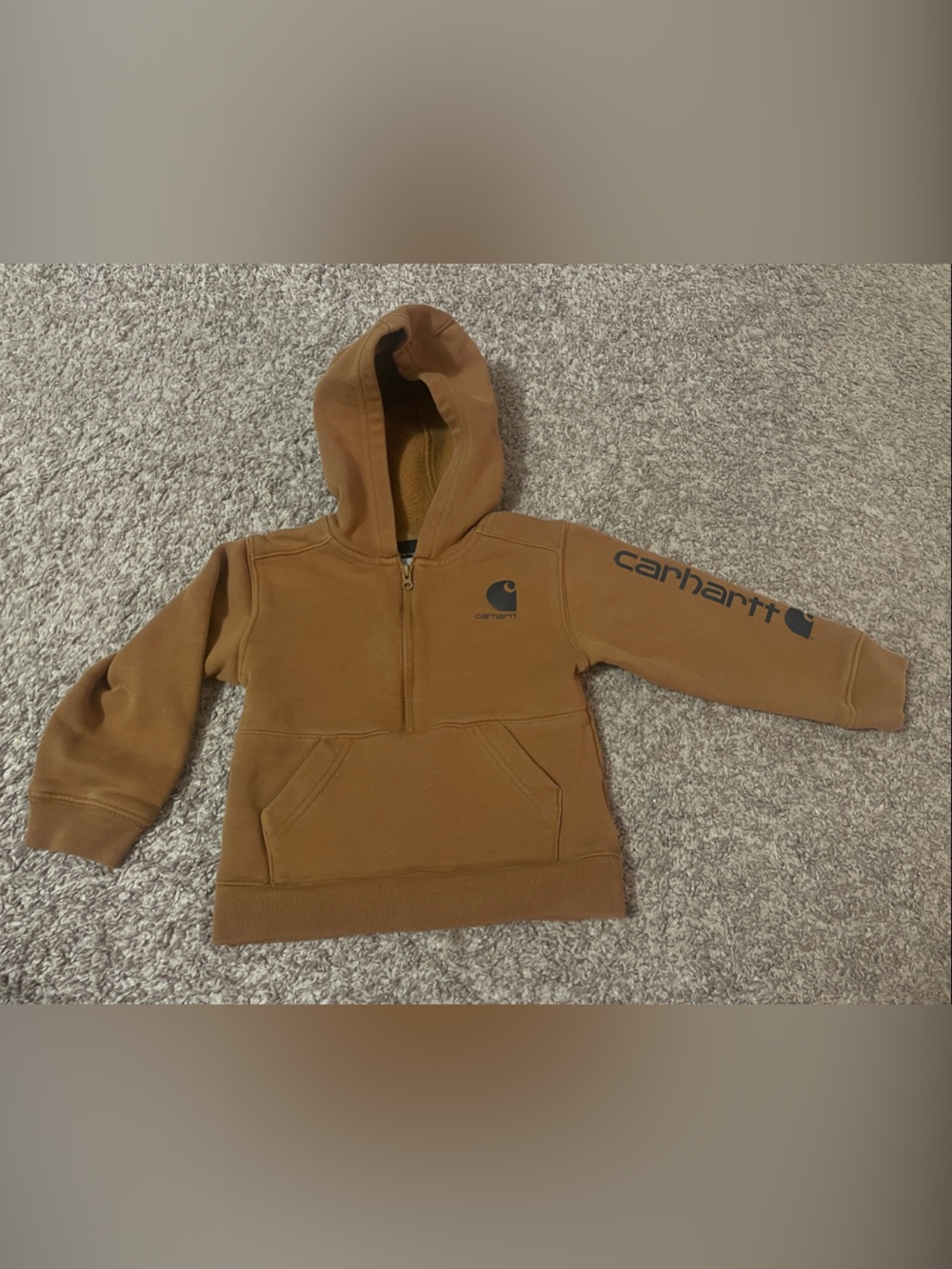 Carhartt Kids' Brown Zip-Up Hooded Sweatshirt 3T Toddler Pullover w Sleeve Logo